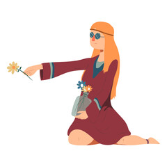 Woman hippie glasses sitting flower hairstyle dress flat