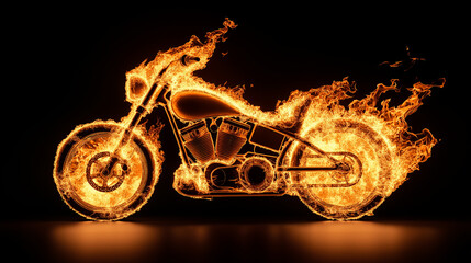 Motorcycle made of flames on a dark background. Fiery digital illustration symbolizing speed, power, energy, and rebellion in a dramatic visual concept.
