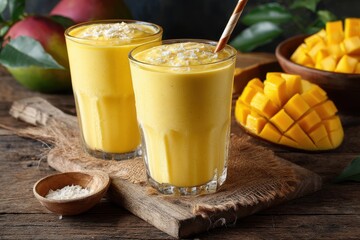 Mango lassi drink in clear glass, South Asian traditional beverage made with yogurt and mango, sweet chilled refreshment for tropical climates

