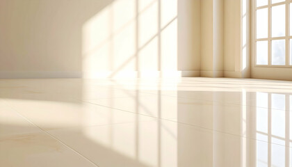 Obraz premium Bright Beige Room Interior With Sunlight Streaming Through Window