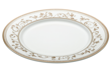Ornate white plate with gold vine design poised on black