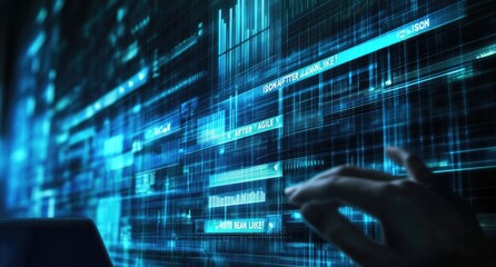 Interactive data visualization on a large screen.  Hands interacting with complex financial data represented by graphs, charts, and digital text blocks.  Dynamic display of information