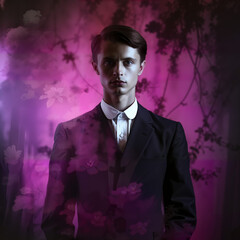 Fototapeta premium Mysterious young man in dark tailored jacket standing in lilac haze, antebellum gothic portrait with dreamy vintage aesthetic and soft romantic lighting 