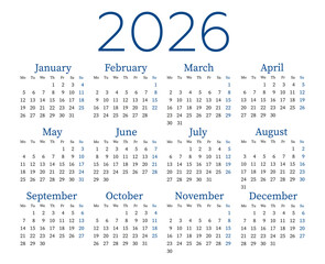 Calendar for 2026 in English. Week starts on Monday