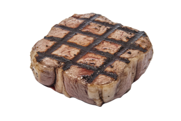 Perfectly grilled steak Sizzling meat with crosshatch marks on a white background