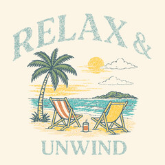 Relax and unwind slogan tee. Sunset time in the desert. summer mountain desert t-shirt design. girls fashion vector graphics