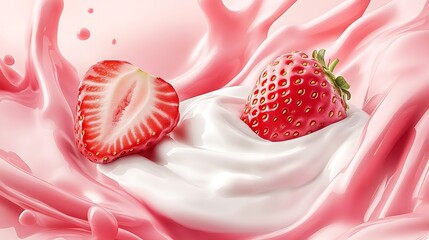 Fresh strawberries in a swirl of creamy yogurt.