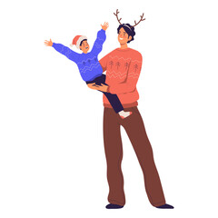 Man and boy raising arms illustration