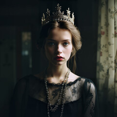 Enigmatic young woman in antebellum gothic portrait wearing ornate crown and dark Victorian mourning dress, haunting 19th century aesthetic with dramatic candlelit chiaroscuro
