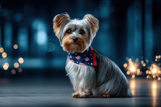 Yorkie patriot dreams under sparklers on fourth of july night, remembering freedom
