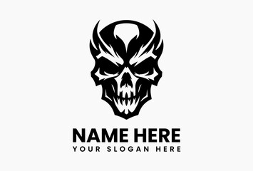 Aggressive skull logo illustration with menacing eyes in black and white on a clean background. Design concept