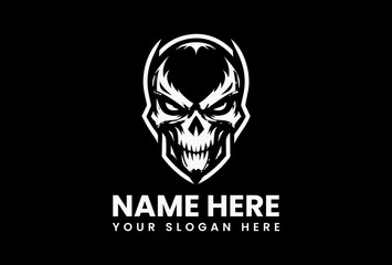 Fototapeta premium Aggressive skull logo illustration with menacing eyes in black and white on a clean background. Design concept