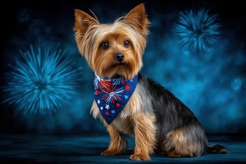 Patriotic pooch watches the fireworks from home on Independence Day, wearing a festive bandana, a celebration of freedom