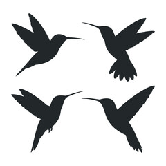 Four Hummingbird Silhouettes in Flight Diverse Poses Black and White Vector Illustration