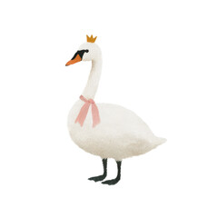 Obraz premium Swan in Royalty: A regal swan, adorned with a crown and a delicate pink bow, exuding an aura of royalty and elegance, stands gracefully in a pristine setting.