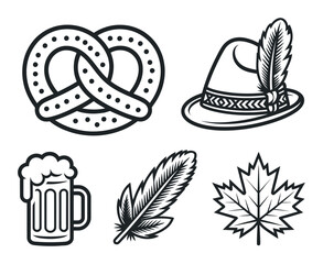 Oktoberfest Icons Set Pretzel Beer Mug Hat Feather Maple Leaf