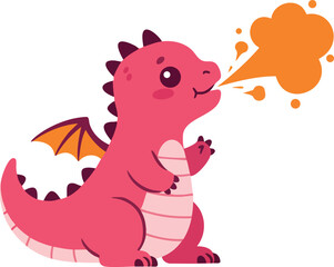 Obraz premium Cute pink baby dragon breathing orange fire cartoon character vector illustration 