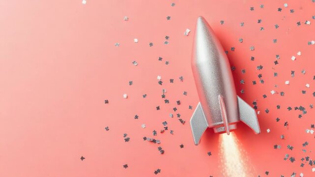 A small silver toy rocket sits on a pink background, perfect for use in advertising, packaging design or as a decorative element