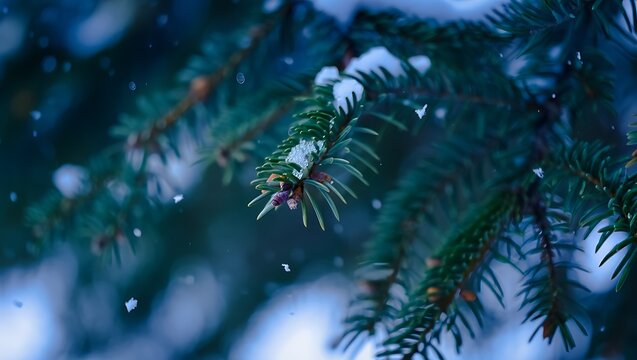 Snow covered pine branch winter wonderland scene
