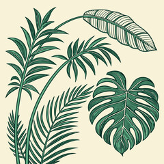Set of tropical leaves and palm fronds vector illustration.