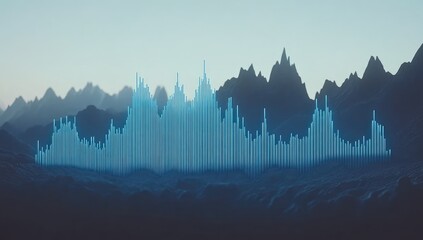 Light blue vertical bars, resembling audio waveforms, are on the horizon of a landscape with dark mountains