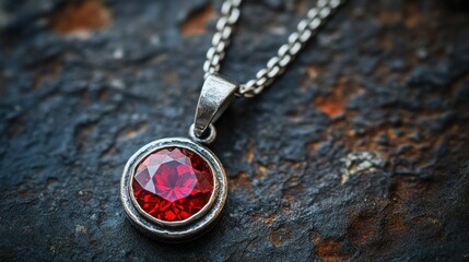 Close-up of a silver pendant with a red gem on a chain, resting on a rusted surface