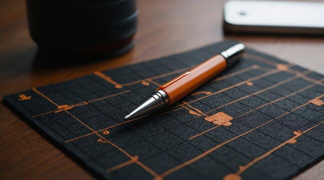 Closeup of a Brown and Orange Stylus Pen on a Black Grid Cutting Mat