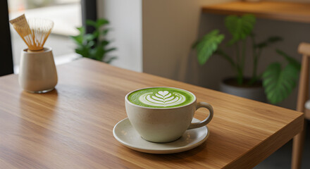 Obraz premium Matcha Latte with Heart-Shaped Art on a Wooden Table
