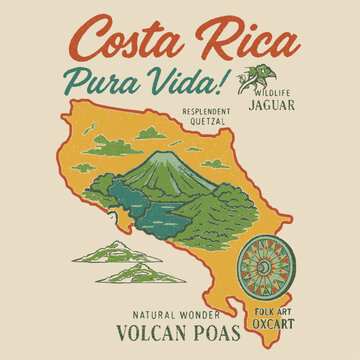 Costa rica pura vida graphics. summer natural wonder. wild jagura. vintage retro graphics for t-shirt. traditional print design for costa rica. map tee design .