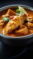 Closeup of Buttery Chicken Curry Served with Garlic Naan