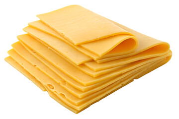 Fresh cheddar cheese slices isolated on white background, stack of yellow American cheese pieces, dairy product close-up, tasty snack or sandwich ingredient, processed cheese sheets

