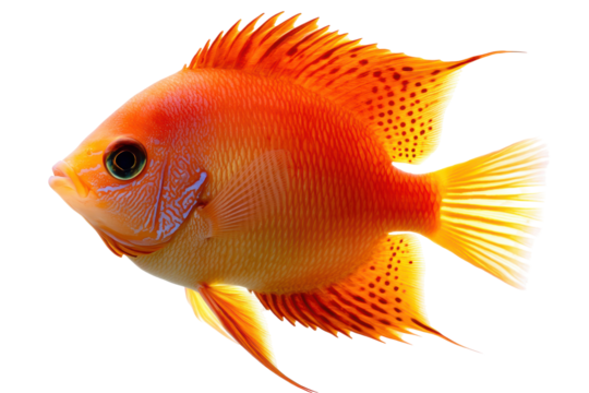 Radiant Ruby Cichlid A fiery orange fish with speckled fins against a stark white background