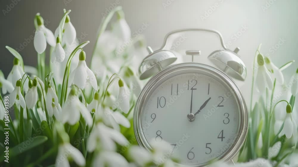 Poster a clock sits in the midst of a field of blooming snowdrops, providing a striking contrast between mo