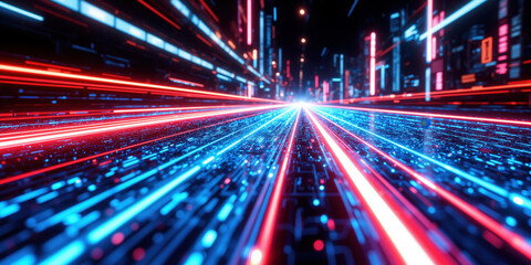 Cyber Data Highway - A high-speed digital freeway made of glowing neon pathways, where lines of bright blue and red