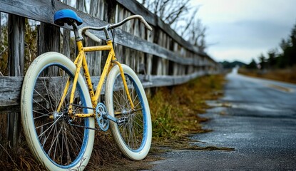 Fototapeta premium Vintage Yellow Bicycle Leaned Against a Rustic Wooden Fence, Beside a Country Road