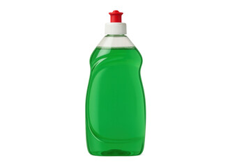 Green dish soap bottle with a red cap, isolated on a transparent background. Ideal for cleaning product packaging and advertising concepts