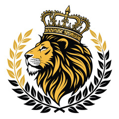 A majestic lion's head, regal and proud, adorned with a vintage golden crown and intertwined laurel leaves.  High detail, realistic.