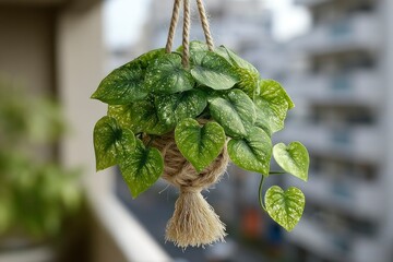 A vibrant hanging plant with lush green leaves in a macrame pot perfect for home decor and ind