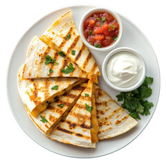 Delicious quesadilla with salsa and sour cream isolated on transparent background