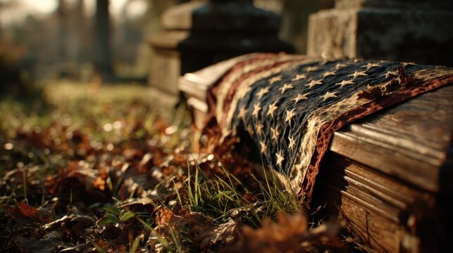 Close-up of a wooden coffin draped with a worn US flag surrounded by autumn leaves in a cemetery setting ideal for military memorial visuals and veteran remembrance campaigns