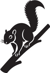 Squirrel on branch silhouette design, Forest animal black and white perched image