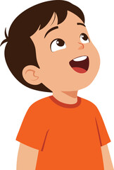 Happy young boy looking up excitedly in orange shirt cheerful expression and short brown hair vector illustration 
