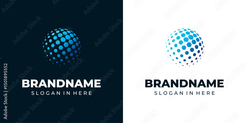Fototapete globe tech logo design, abstract blue sphere logo with hexagonal mesh pattern