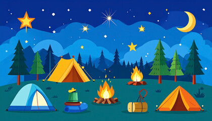 Nighttime camping scene with two tents, campfire, starry sky, and camping gear