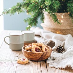 Deux tasses de caf&eacute; accompagn&eacute;es de biscuits sabl&eacute;s garnis de confiture &agrave; la framboise. Custom AI Model