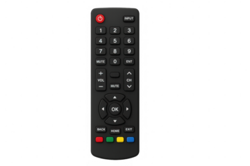 Black remote control with multiple buttons including power, volume, and channel options, isolated on a transparent background