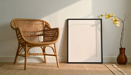 Rattan Chair and Blank Frame Mockup in a Minimalist Room Setting