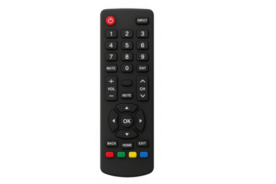 Black remote control with multiple buttons including power, volume, and channel options, isolated on a transparent background - Powered by Adobe