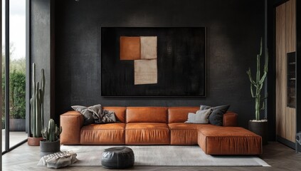 Modern Interior Design: Luxurious Leather Sectional Sofa in a Dark and Stylish Living Room