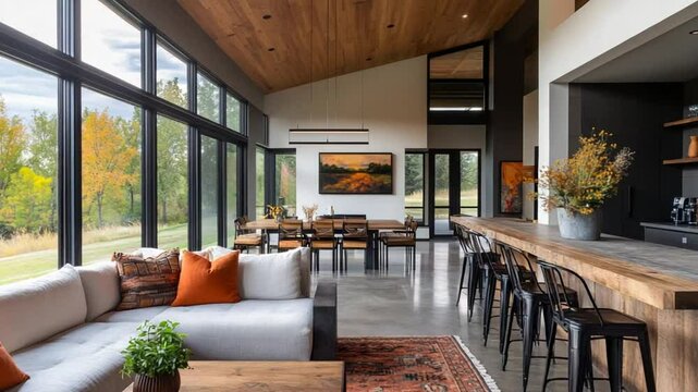Modern open-plan home living area with autumnal view
